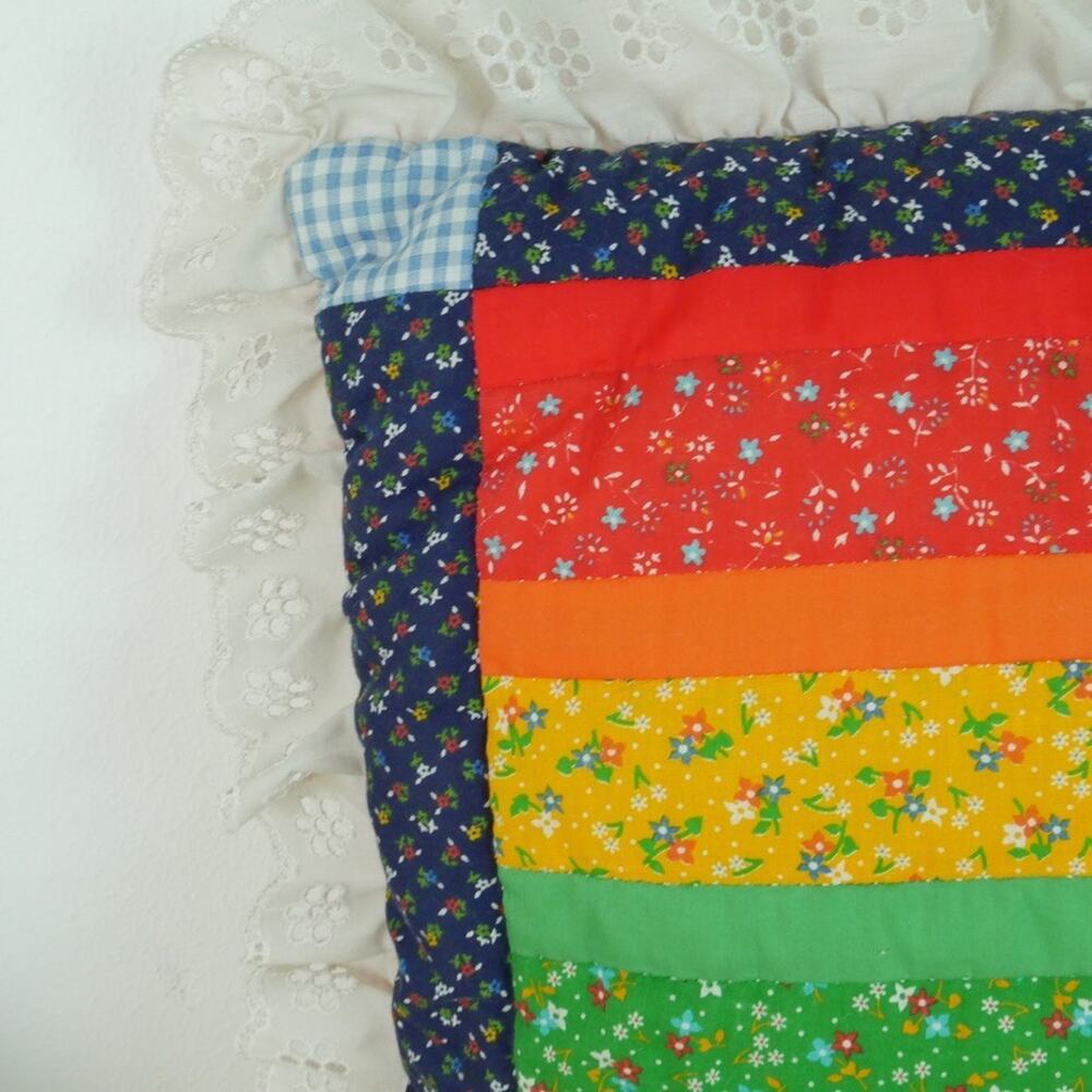Vintage Patchwork Rainbow Throw Pillow Eyelet Ruffle Pride Kitschy Cottagecore - Picture 2 of 7
